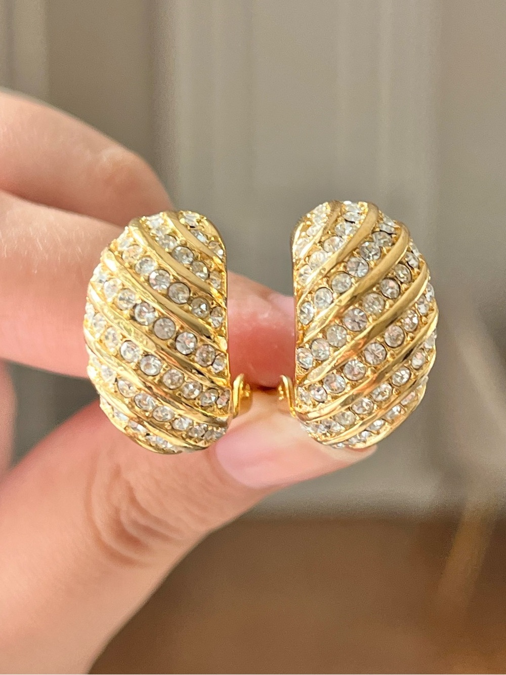 Authentic Vintage Dior Swirl Striped Rhinestone Pavé Gold Hoop Clip-On Earrings